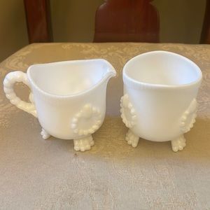 Vintage Imperial Glass footed rope embossed creamer and sugar milk glass set EUC